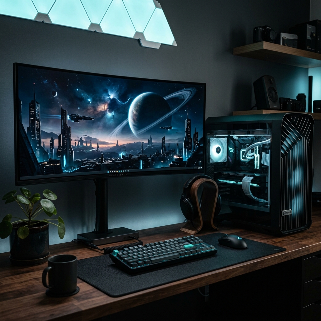 A breathtaking 1440p gaming setup on a dark desk with cyan lighting